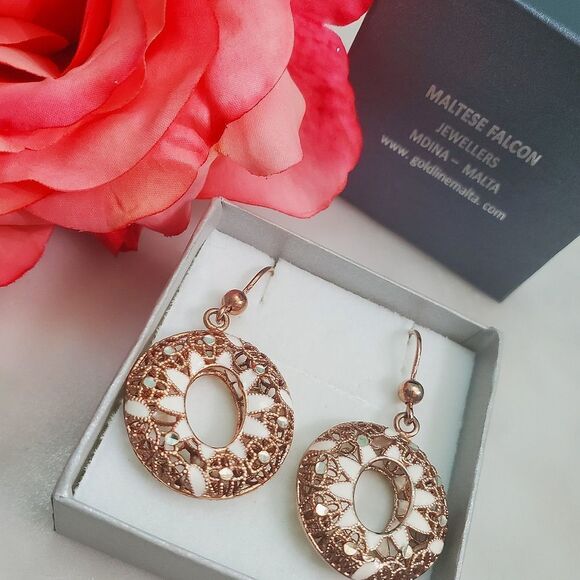 Maltese Rose Gold And Silver Filigree Floating Hoop Earrings - Picture 2 of 6